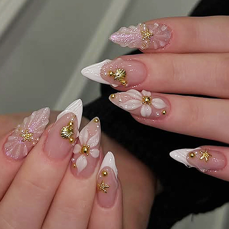 Pressed Flower Art - 24 peças de Unhas Postiças Amêndoa