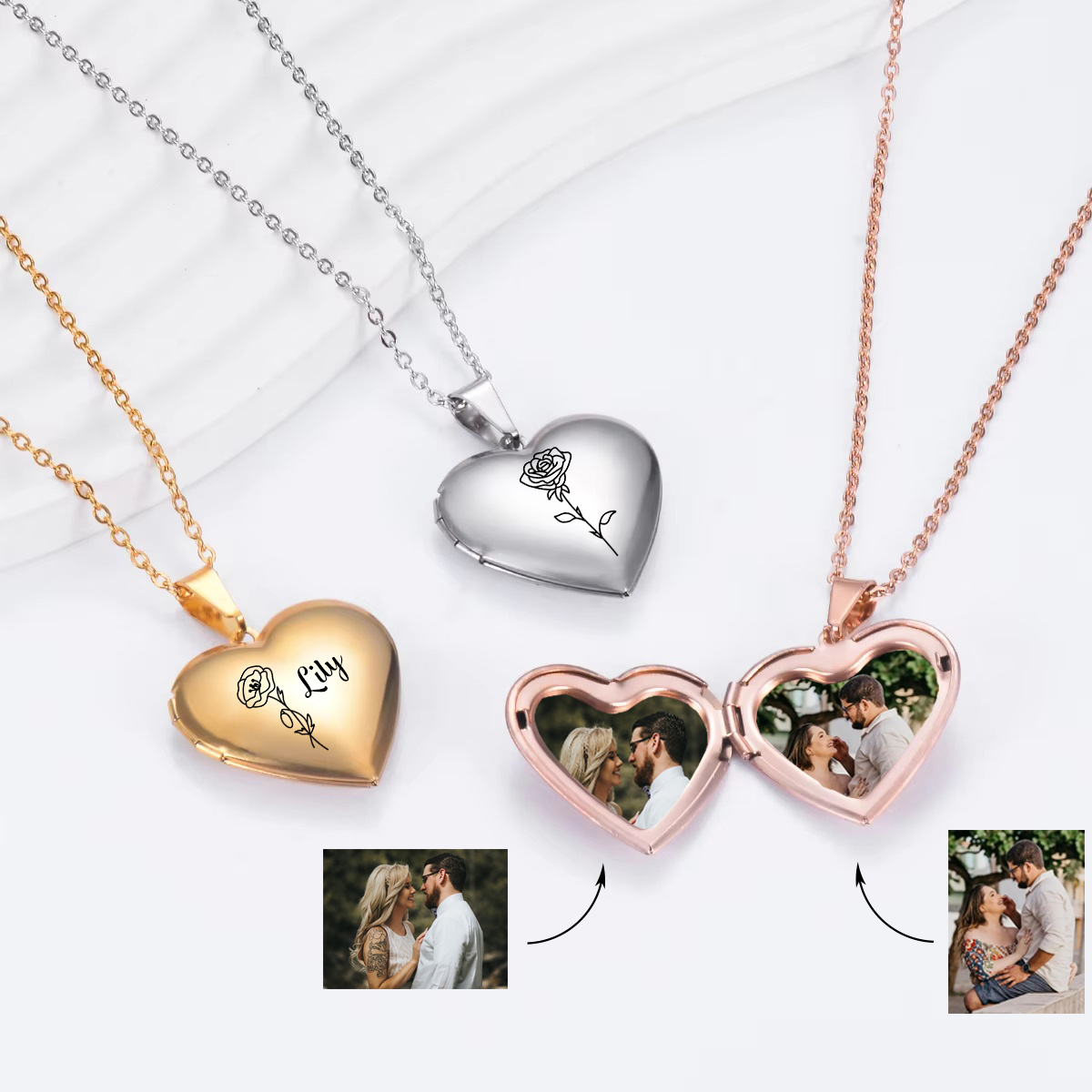 Birth Flower Necklace - Personalizado coração nascimento flor medalhão colar