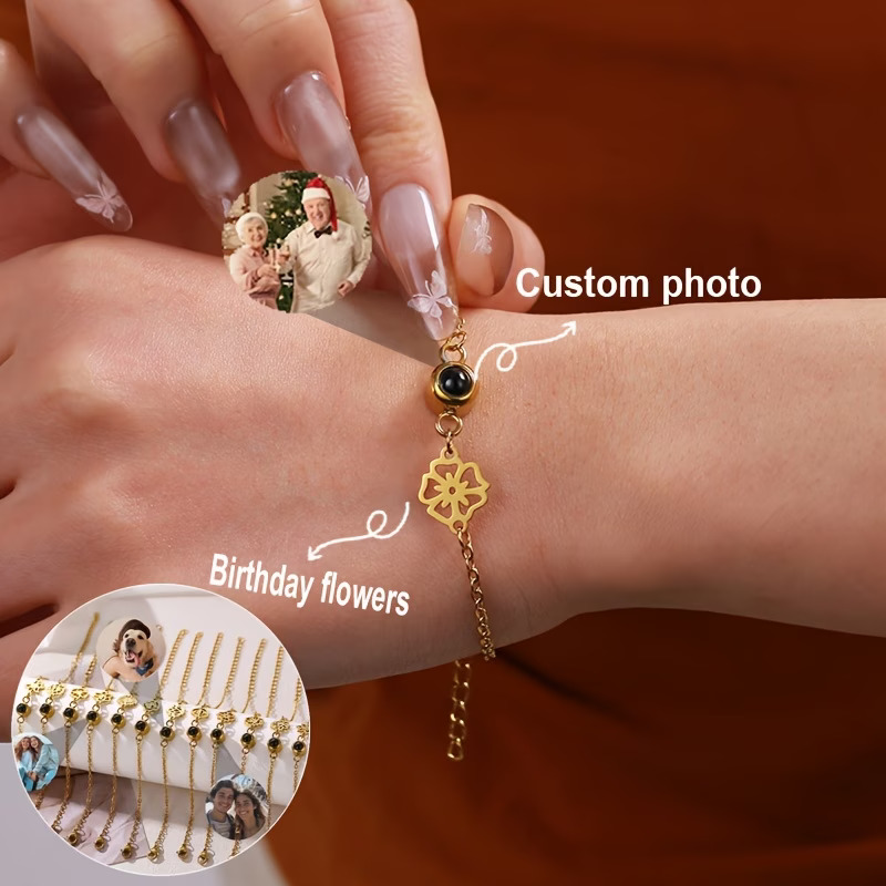 Birth Flower Necklace - Pulseira Personalizada com Foto, Corrente de